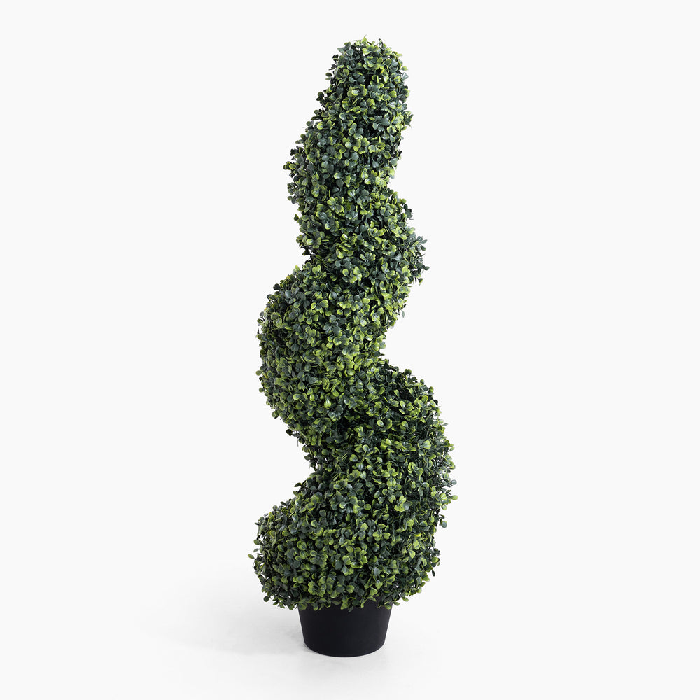 Artificial spiral topiary plant in a pot on a white background