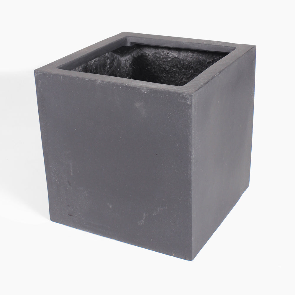 A square black fiberstone planter pot with an open top, shown at a three-quarter angle on a white background.