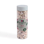 A clear plastic jar of pale pink decorative stones, with a gray lid and a white and pink label.