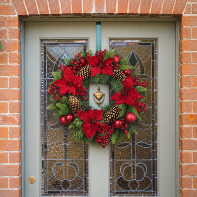 A festive Christmas wreath with red poinsettias, green pinecones, red ornaments and berries, and evergreen branches, hanging on a gray front door with brick walls.