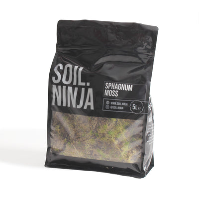 A 5L bag of Soil Ninja Sphagnum Moss, shown in its black resealable packaging with a clear window displaying the green and brown moss inside, set against a plain white background.
