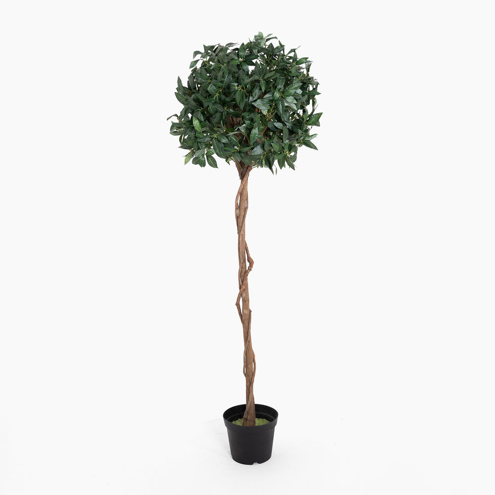 Potted artificial topiary tree with a twisted trunk on a white background