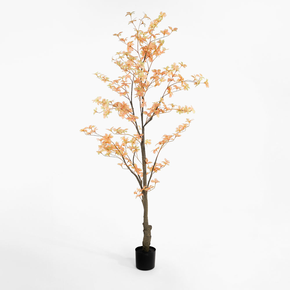 Artificial tree with orange leaves in a pot on a white background