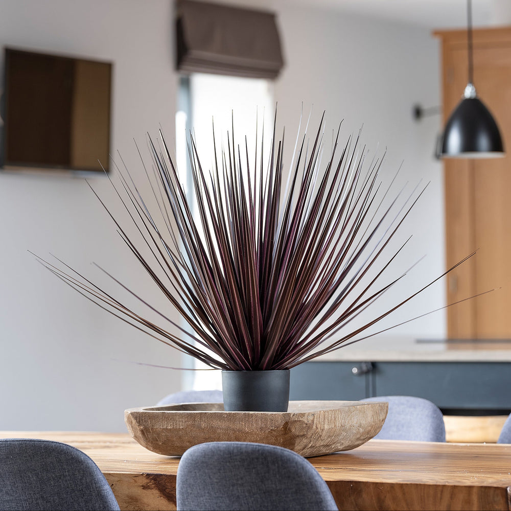 Decorative plant in a pot on a wooden table with a modern interior background