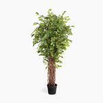 Potted artificial tree with green leaves on a white background
