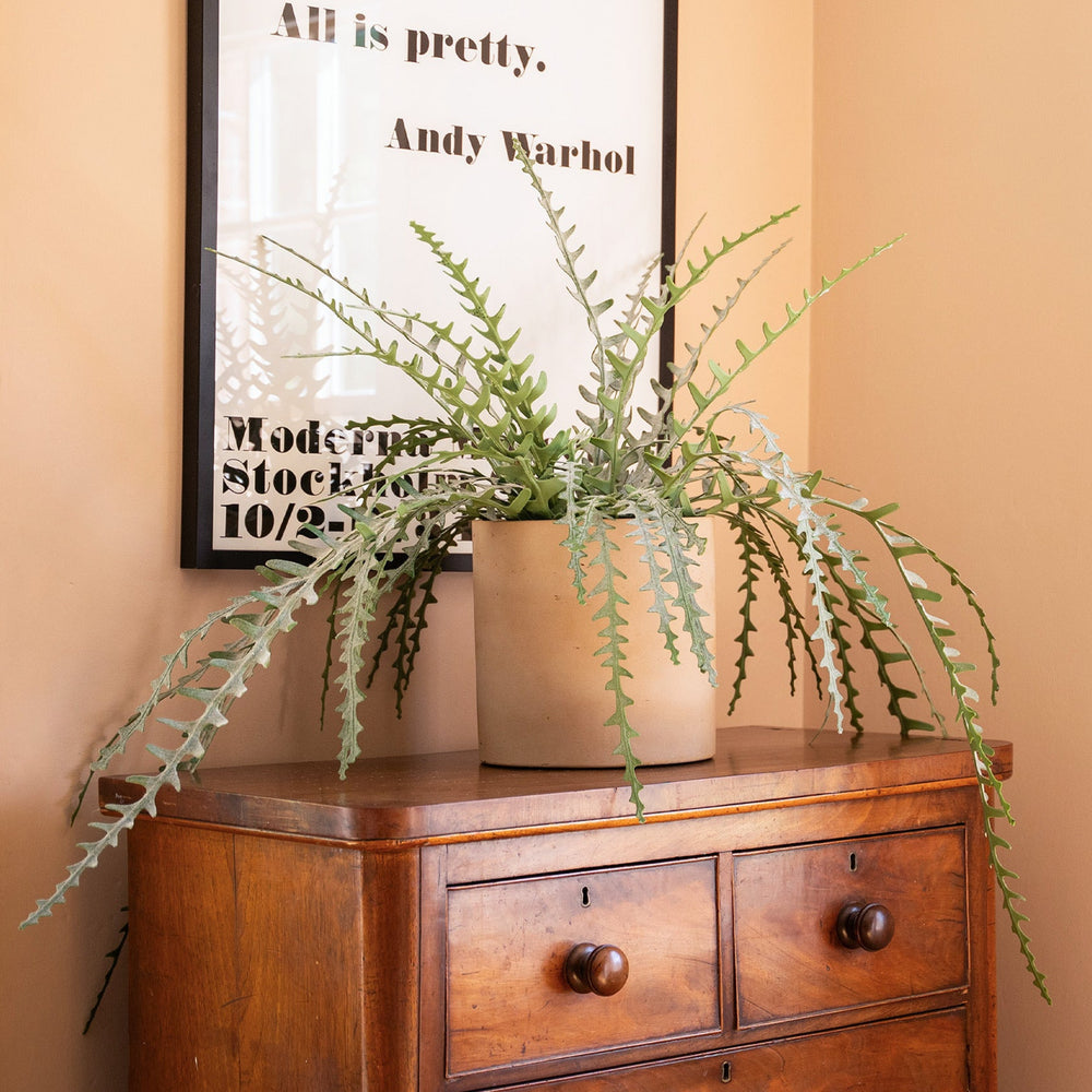 Wooden dresser with a potted plant and framed quote on a beige wall