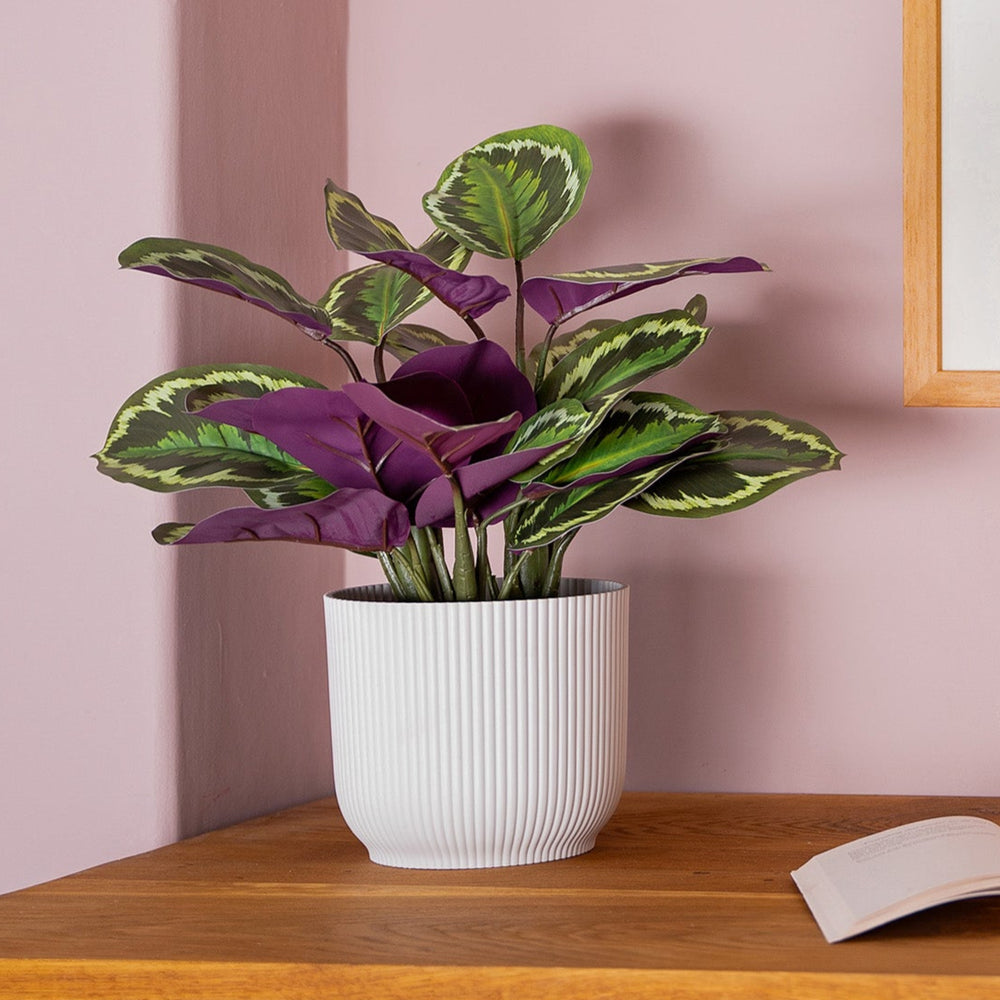 Potted plant on a wooden table with a colorful abstract painting on the wall.