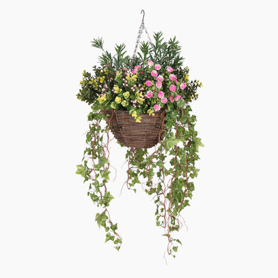 Artificial pink rose ivy hanging basket