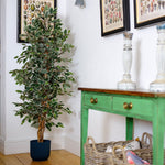 Potted plant next to a green table with decorative items in a room.