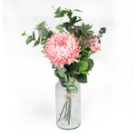 Artificial berry and bramble baby pink flowers with deep green foliage faux flower bunch on white background