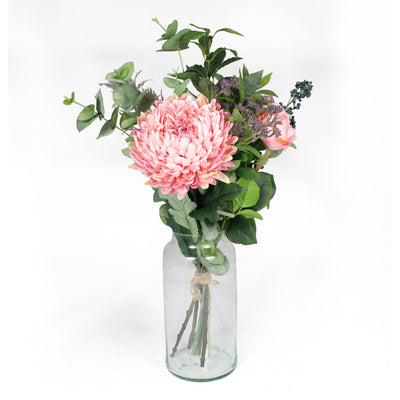 Artificial berry and bramble baby pink flowers with deep green foliage faux flower bunch on white background