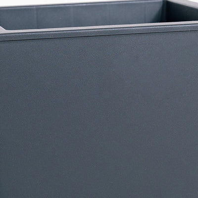 Close-up of a dark gray rectangular planter with a smooth surface.
