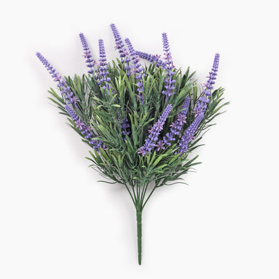 A bushy artificial lavender on a spike on a white background.