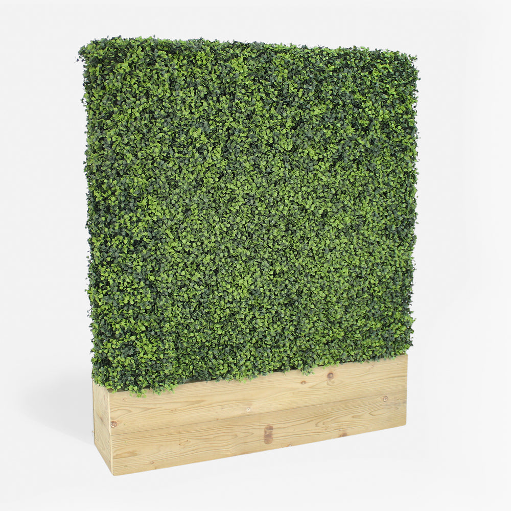 Artificial boxwood hedge with wooden base on a white background