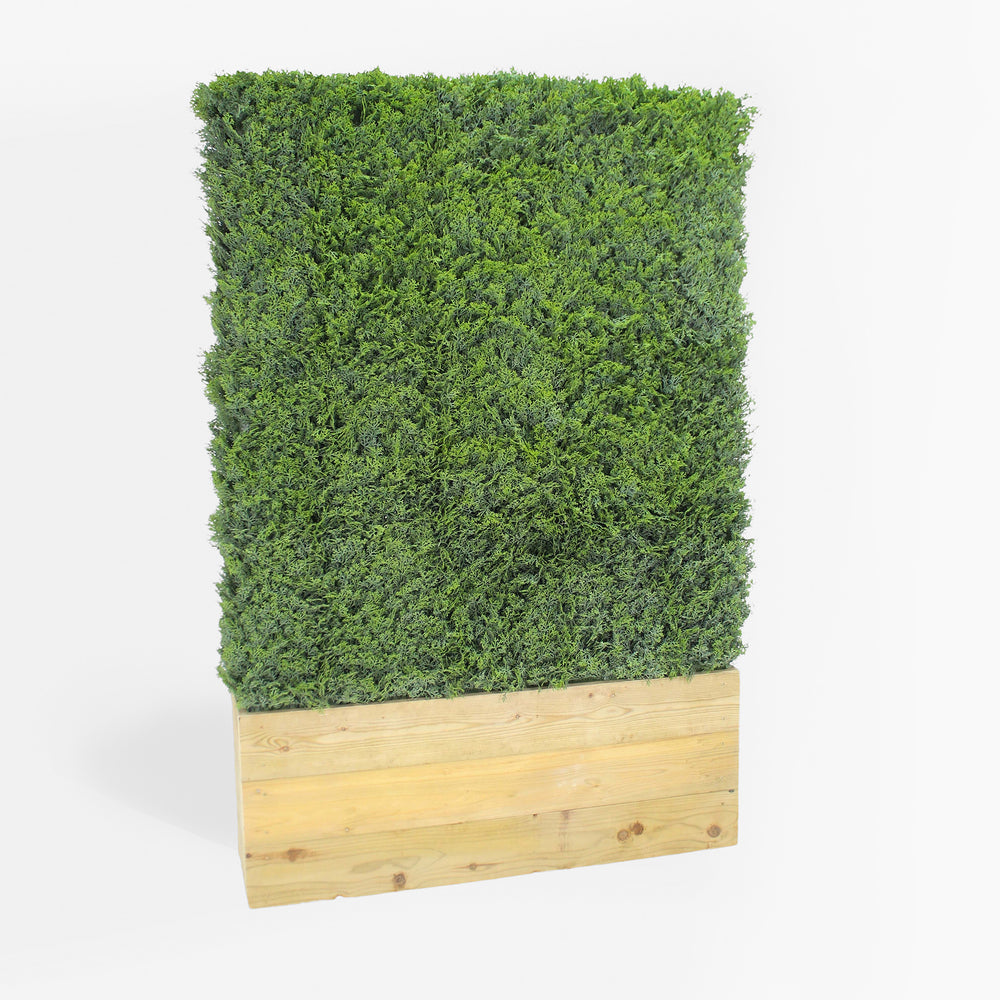 Artificial green wall panel with wooden base on a white background