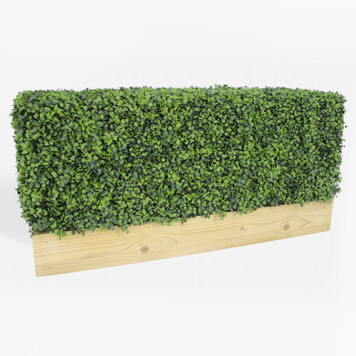 Artificial green wall panel with wooden base on a white background