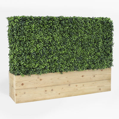 Artificial green wall with wooden base on a white background