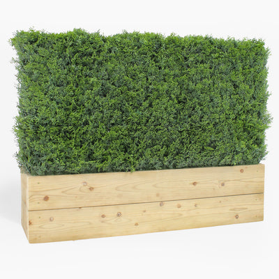 Rectangular wooden planter with artificial greenery on a white background