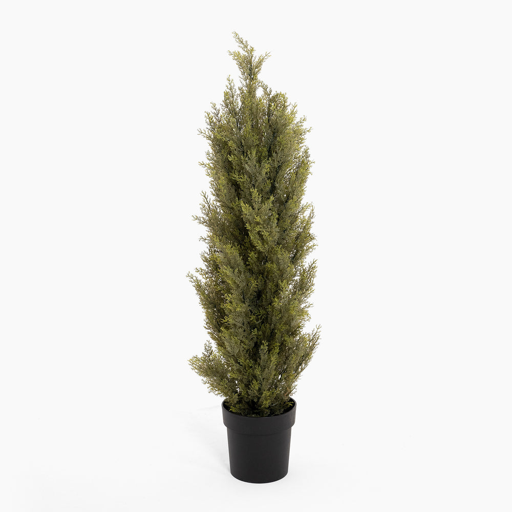 Potted artificial cypress tree on a white background