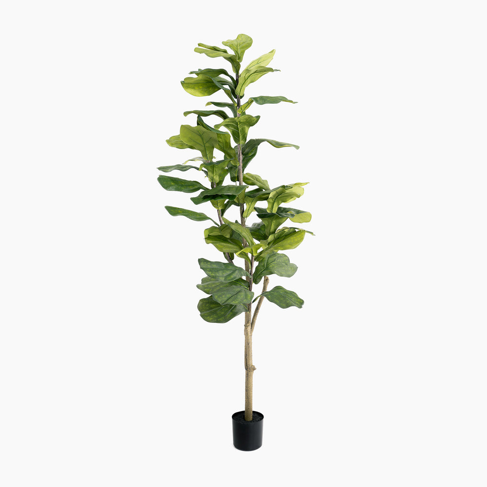 Artificial fiddle leaf fig plant in a pot on a white background