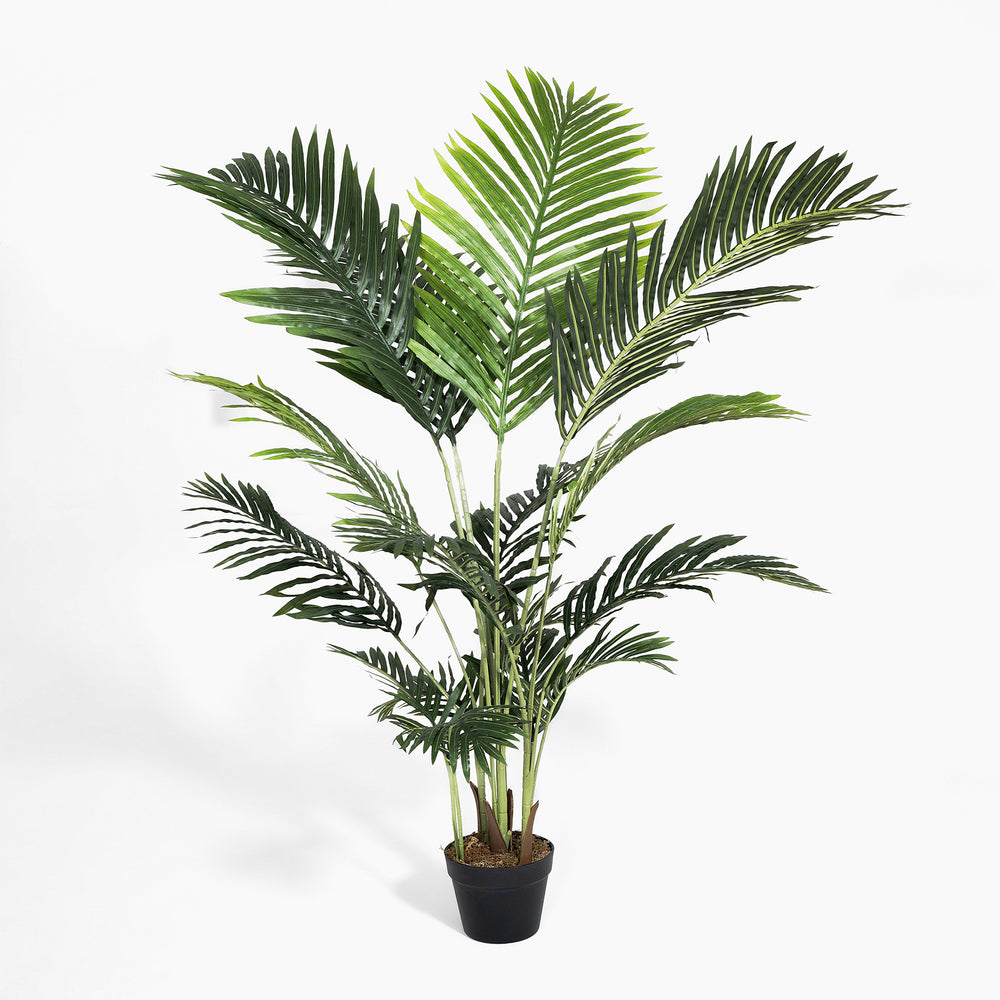 Potted artificial palm plant on a white background