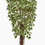 Artificial potted plant with green and gold leaves on a white background