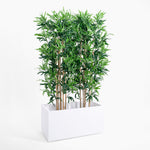 Artificial bamboo plant in a white rectangular planter on a white background