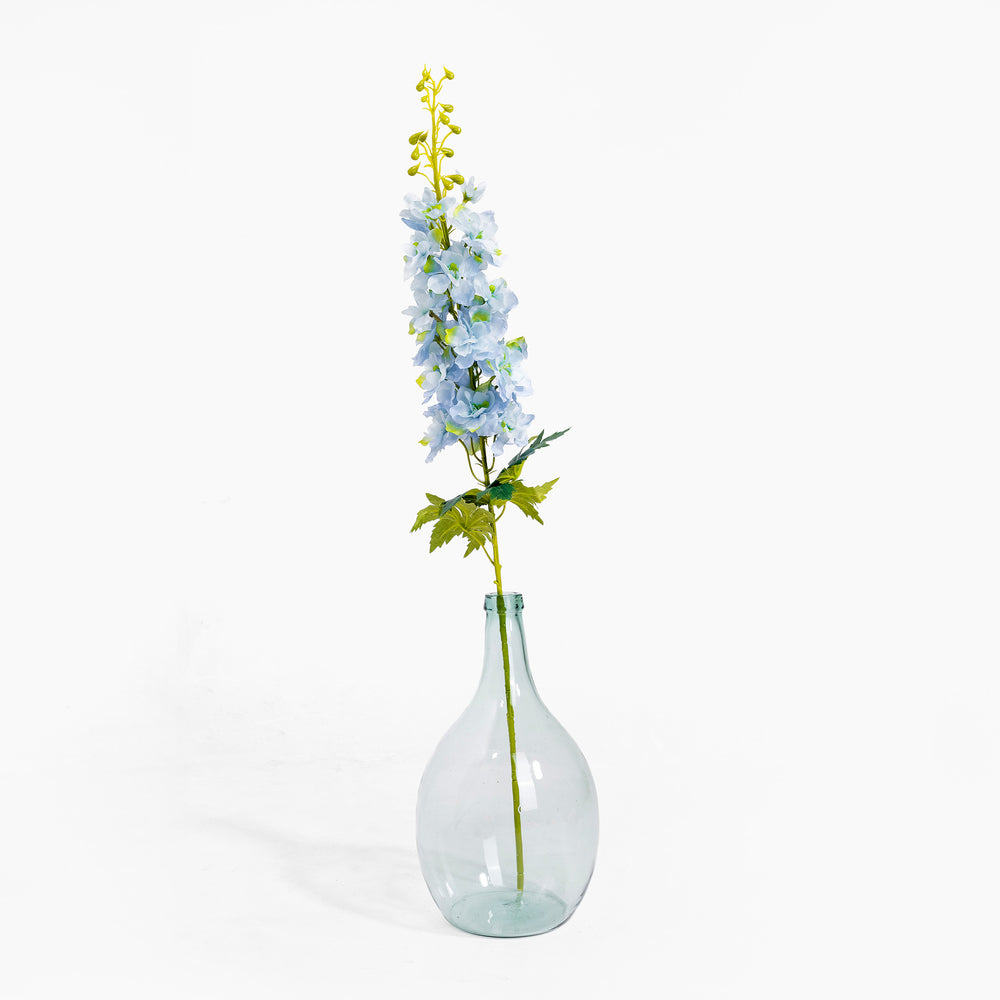Clear glass vase with a single stem of flowers on a white background