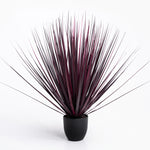 Artificial plant with long, thin leaves in a black pot on a white background