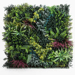 Artificial vertical garden wall with various green plants on a white background