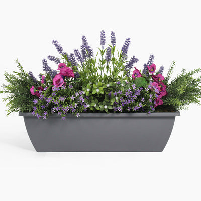 Gray rectangular planter with a variety of flowers and greenery on a white background