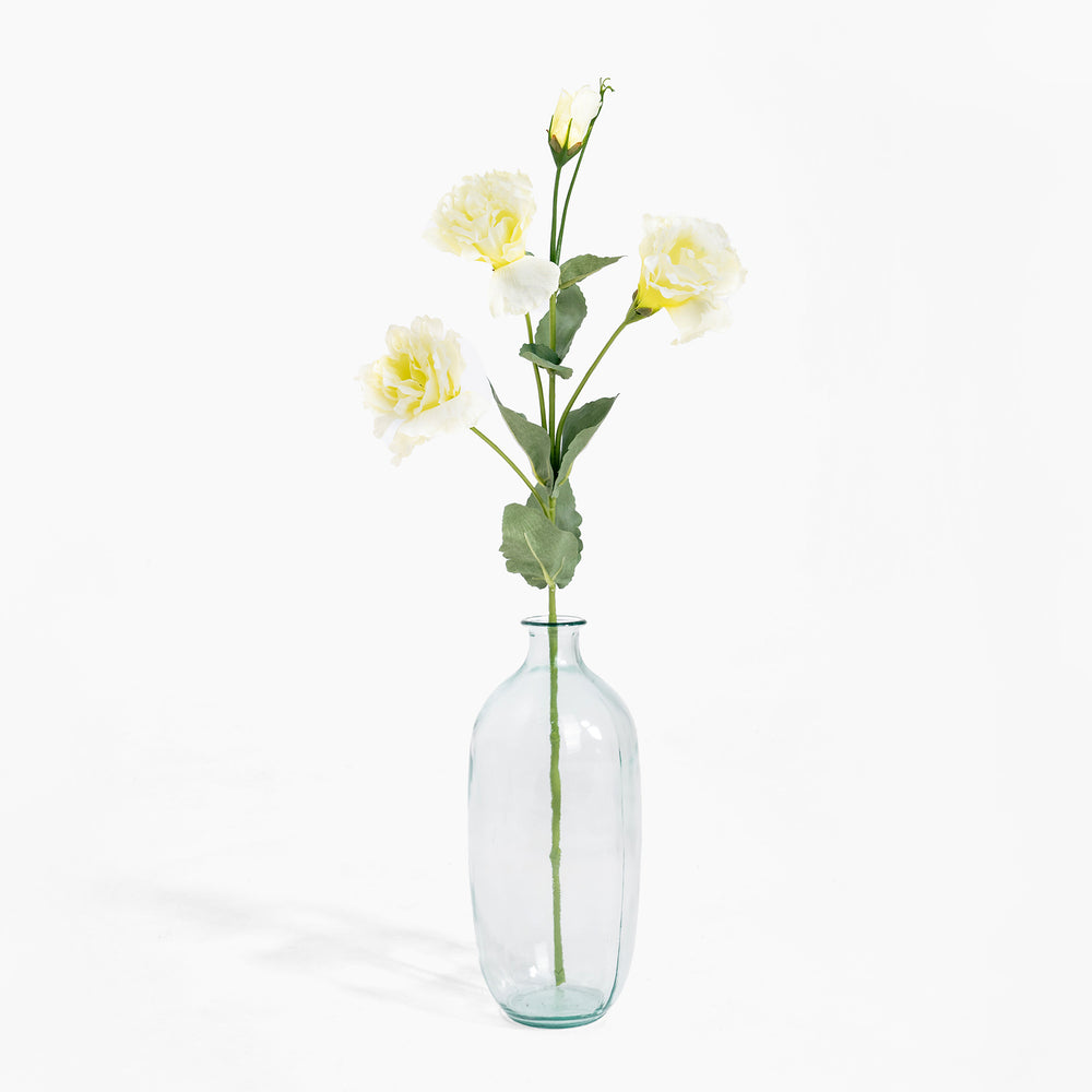 Clear glass vase with yellow flowers on a white background