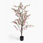 Artificial cherry blossom tree with pink flowers in a pot on a white background
