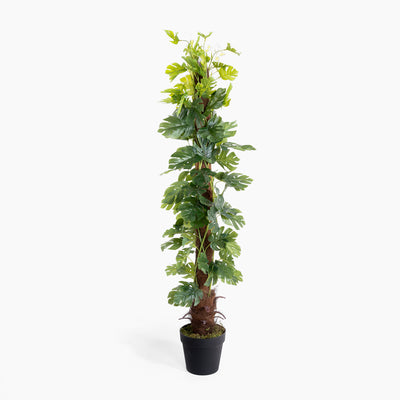 Artificial potted plant with green leaves on a white background