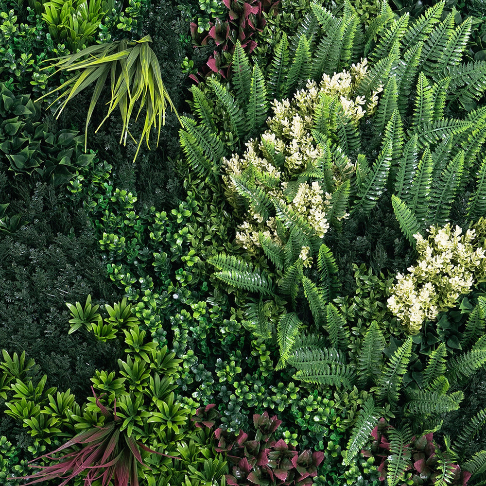 Artificial greenery wall with various types of plants