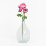 Clear glass vase with pink flowers on a white background