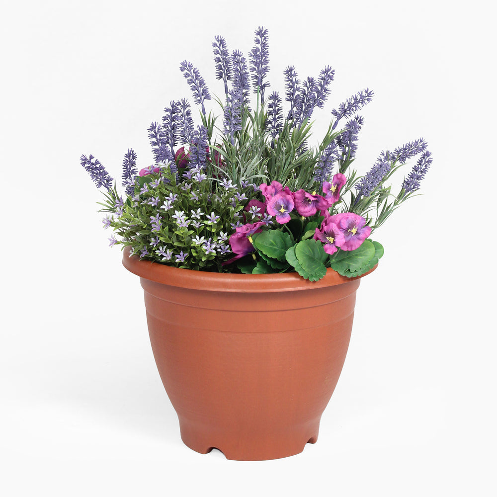 Terracotta pot with a variety of flowers including lavender and pink flowers on a white background