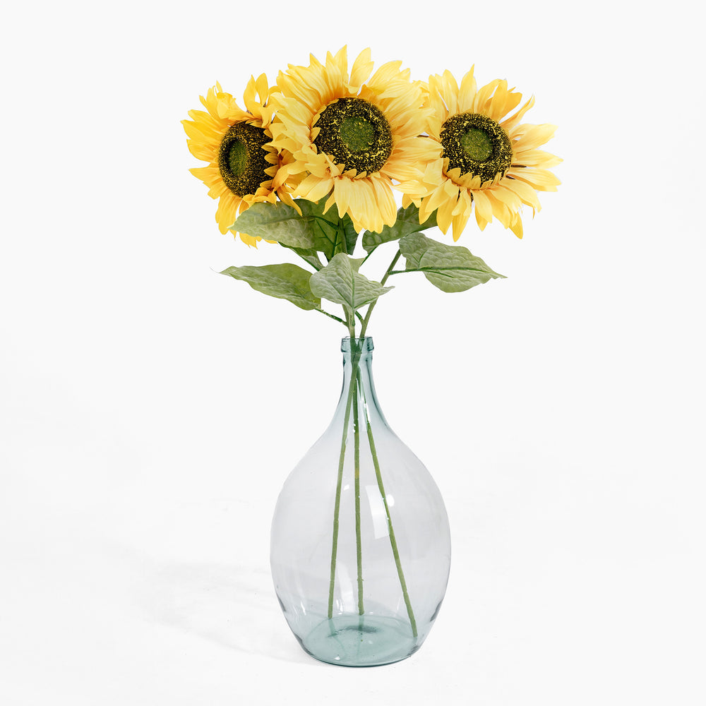 Clear glass vase with sunflowers on a white background