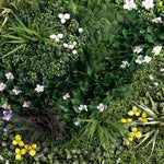 Various green plants and flowers arranged in a circular pattern
