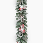 Decorative Christmas garland with pink ornaments and pinecones on a white background