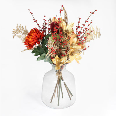 Artificial happy holidays red and gold leaf flower and foliage bunch