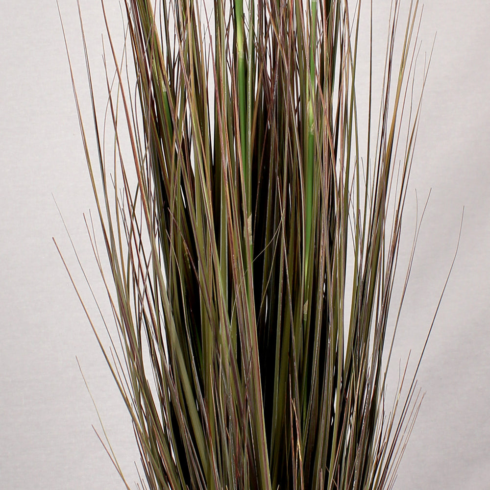 Close up of the thin brown stems of an artificial pampas grass, set against a plain background.