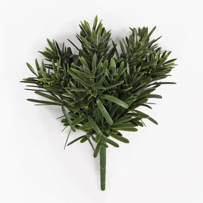 An artificial green foliage bouquet stem with dense, needle-like leaves, isolated on a clean white background.