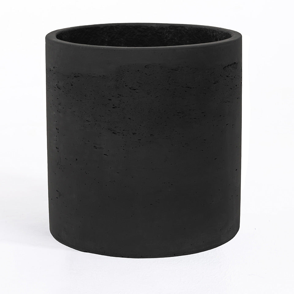 Black cylindrical planter on a white background