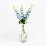 Clear glass vase with blue flowers on a white background