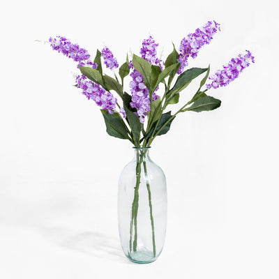 Clear glass vase with purple flowers on a white background