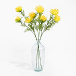 Clear glass vase with yellow flowers on a white background
