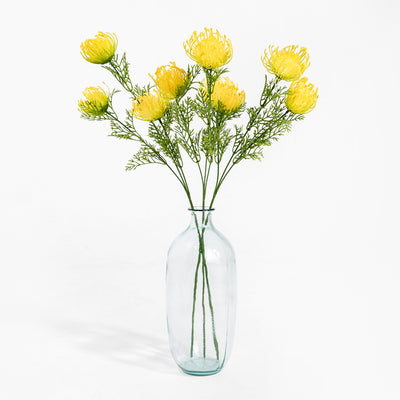 Clear glass vase with yellow flowers on a white background
