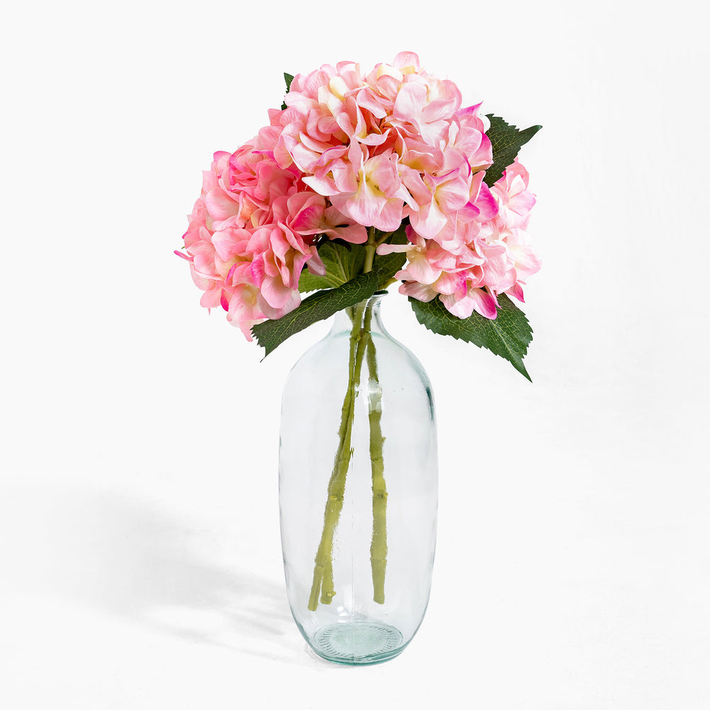 Clear glass vase with pink flowers on a white background