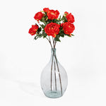 Clear glass vase with red flowers on a white background